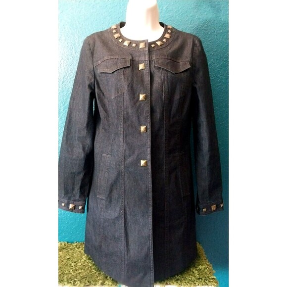 Focus 2000 Denim Jacket Long Dark Wash Square Stud Leopard Print Lined 6 Petite - Picture 2 of 8